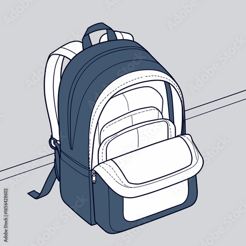 Stylish blue backpack with open compartments on gray background  