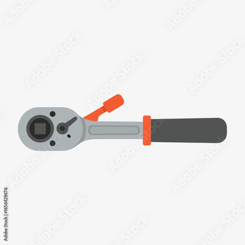 Ratchet wrench tool with gray body and orange and black handle on white.