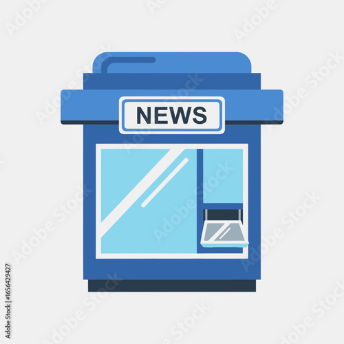 Blue newsstand or kiosk with a sign that says "news" on a white background.