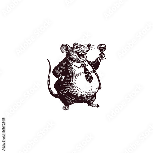 fat rat in a suit and tie, laughing joyfully while raising a glass of wine engraving illustration