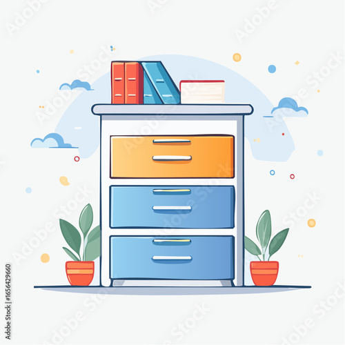 Colorful Flat Design Cabinet with Drawers and Plants