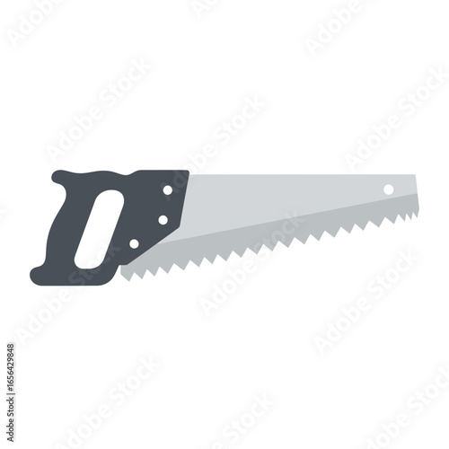 A hand saw with a gray blade and black handle on a white background.