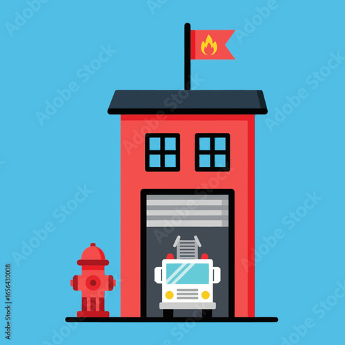Cartoon fire station with truck hydrant and flag on a blue background.