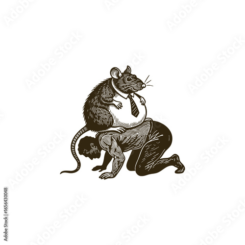 fat rat in a necktie sitting on the back of a crawling man in a business suit engraving illustration