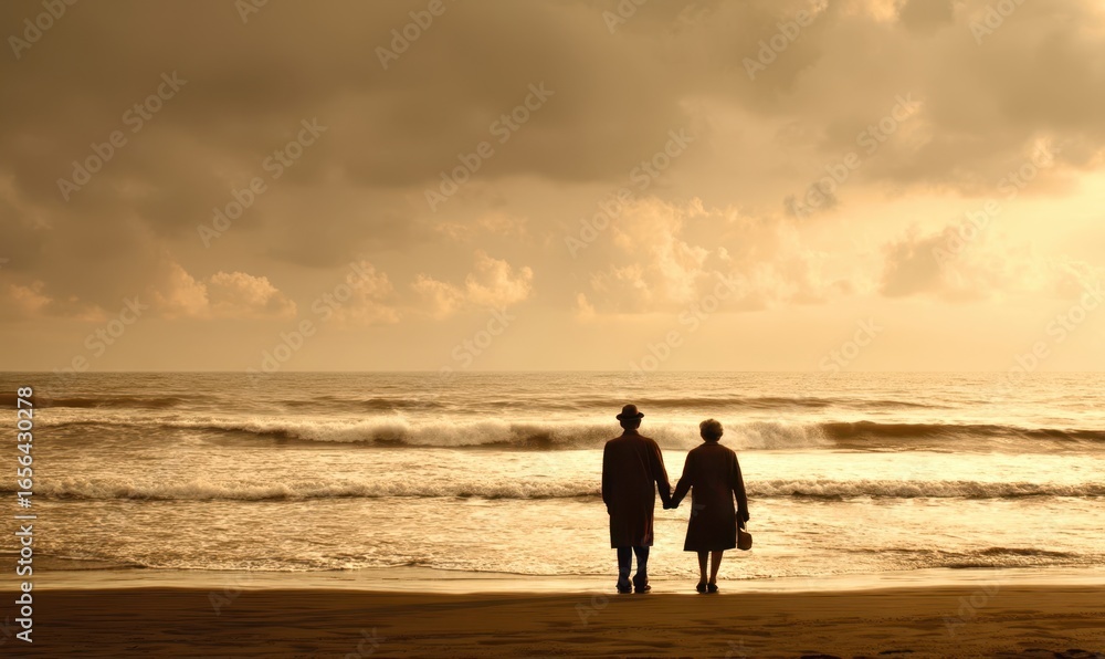 Fototapeta premium couple walking on the beach at sunset