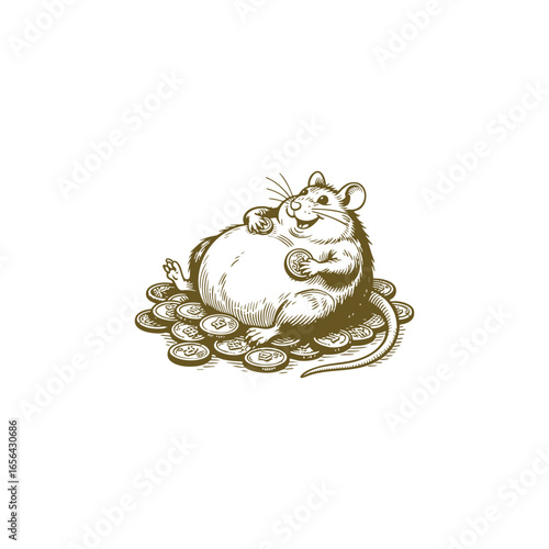 fat rat lying lazily on a pile of coin engraving design vector illustration