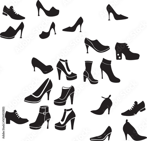 The image shows a variety of women's shoe silhouettes in black against a white background.

