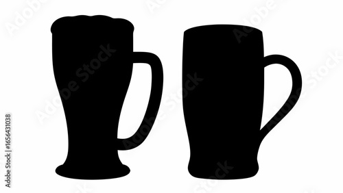 Two beer glasses with handles in black silhouette on a white background side by side illustration