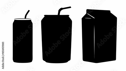 Silhouette of three beverage containers including two cans with straws and a carton on a white backdrop