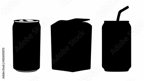 Illustration of three black drink containers including a can a juice box and a can with straw on white