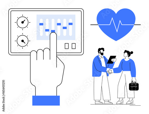 Hand regulates control panel settings. Blue heart with lifeline and two collaborators in conversation. Ideal for healthcare, teamwork, technology, innovation, business, wellness, digital interaction