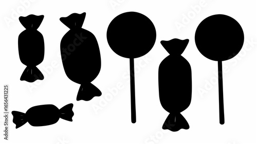 Silhouette illustration of assorted candies and lollipops on a white background scene