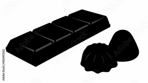 A dark chocolate bar with four sections and two jelly candies on a white background illustration