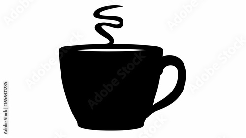 A black silhouette of a coffee mug with steam rising from it against a white background image view