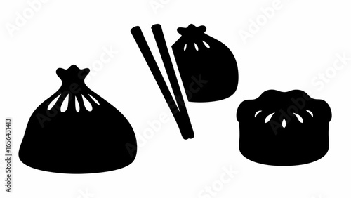 Silhouette illustration of three dumplings and a pair of chopsticks on a white background