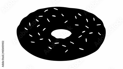 A simple black and white illustration of a donut with sprinkles and a hole in the center of the pastry