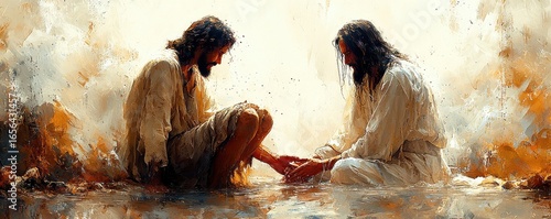 Painting of Jesus Christ humbly washing the feet of another, expressive colors