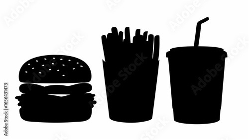 Silhouette depiction of a burger with fries and a drink on a white background illustration