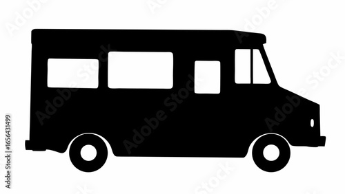 A silhouette of a box truck with visible windows and wheels on a white background in a simple design