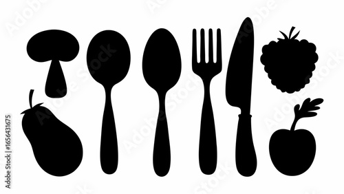 Silhouette of kitchen utensils and food items including mushroom, spoons, fork, knife and fruits design
