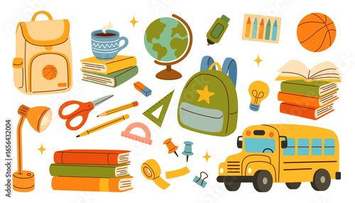 Illustration with Backpacks, Books, School Bus, Globe, Calculator, Rulers and Colorful Stationery Supplies for Kids in Modern Flat Trendy Style. Back to School