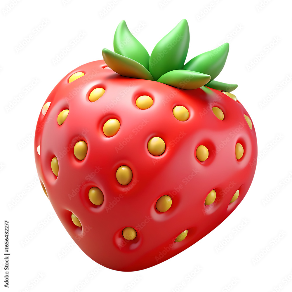 Obraz premium Juicy red strawberry with green leaves realistic 3d render isolated transparent background