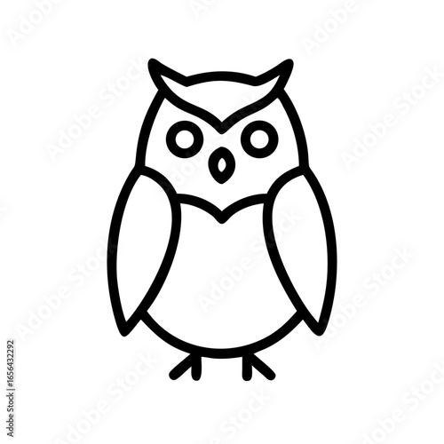 Stylized Owl Illustration with Simple Outline, Feathers and Large Eyes