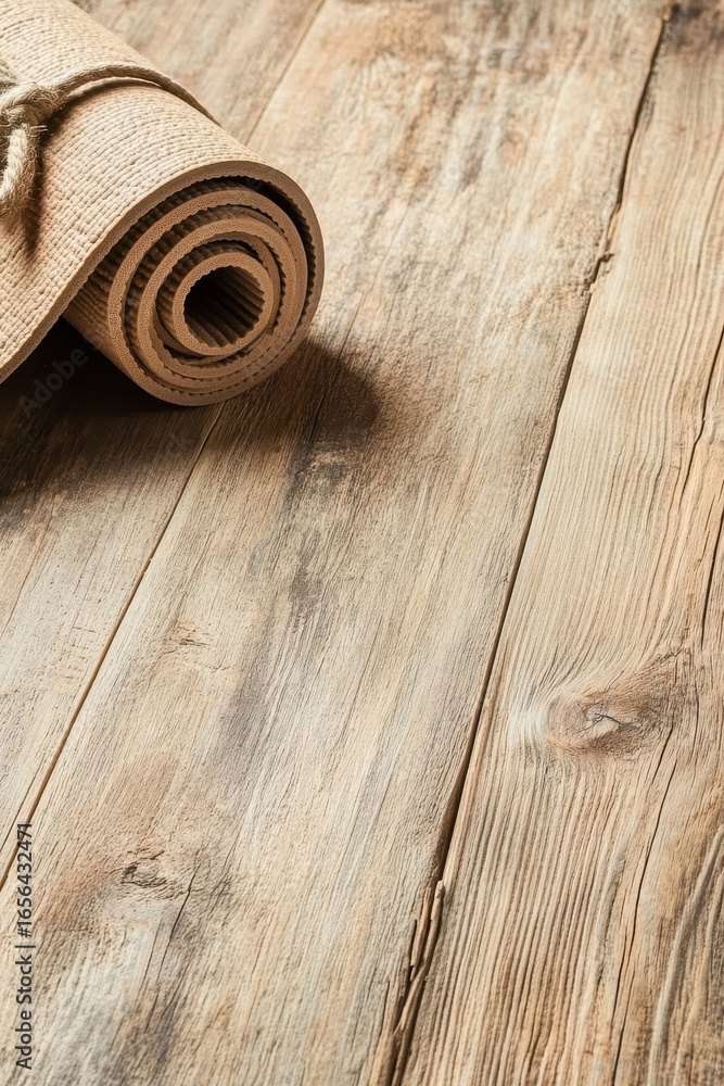 Fototapeta premium Rolled Mat Resting On Wooden Surface For Health And Exercise. Wellness Equipment For Fitness And Training Session. Light Brown Colors.