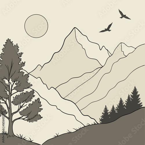 Stylized mountain landscape with a lone tree soaring birds and a pale sun in a minimalist design