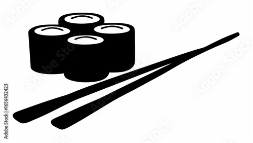 Black and white illustration of four sushi rolls with a pair of chopsticks diagonally across them on white
