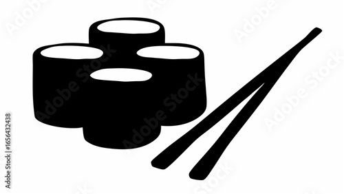 Illustration of a stack of sushi rolls with white filling and chopsticks on a white background scene