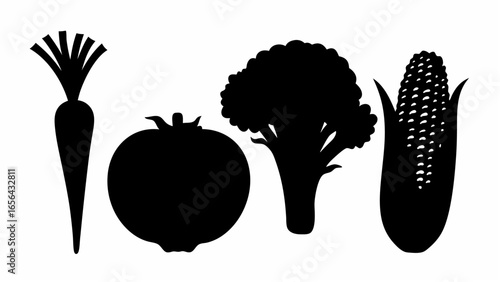 Silhouette illustration showing a carrot tomato broccoli and corn in a row on a white background