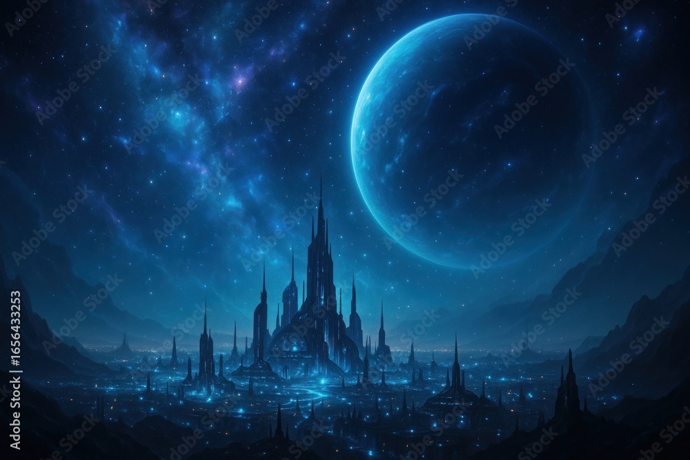 Fototapeta premium Futuristic city under starry sky.