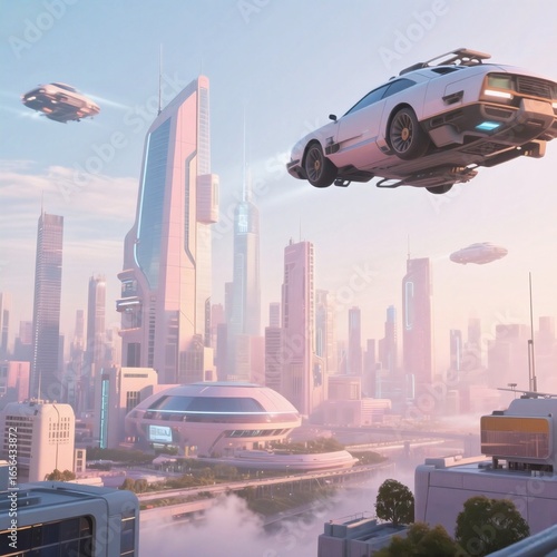 Retro Futuristic City Skyline with Flying Cars