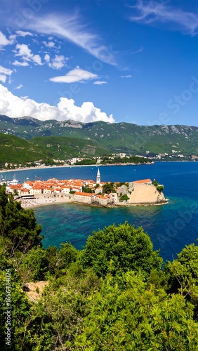 Panoramic view of a coastal town nestled in a bay