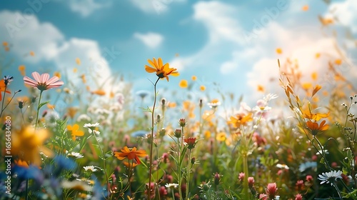 Colorful natural flower meadows landscape with blue sky in summer. Habitat for insects, wildflowers and wild herbs on a flower field. Background panorama with short depth of focus and space for text.