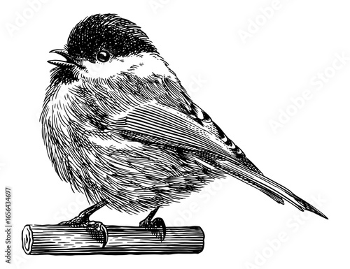 Brown headed tit. Hand drawn illustration. Isolated bird species in detailed engraving style, hatching and line art. Decorative for animal, zoo and web. 
