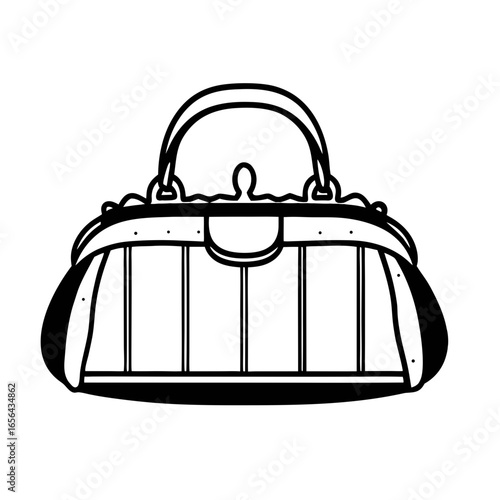 Stylized vintage handbag with metal frame in a minimalist black and white design