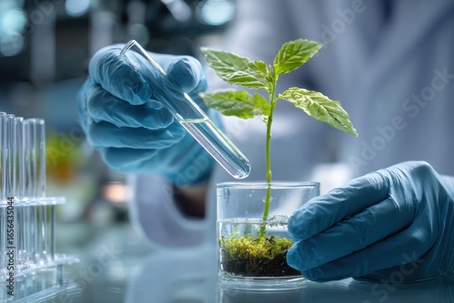 Scientist used biotechnology, ai technology, and dna plant in tube of scientific lab for medical research and Plant genetics development in Food industry. science chemistry in laboratory