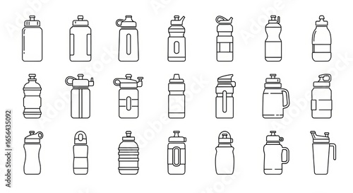 Collection of diverse water bottle outlines on a clean white background