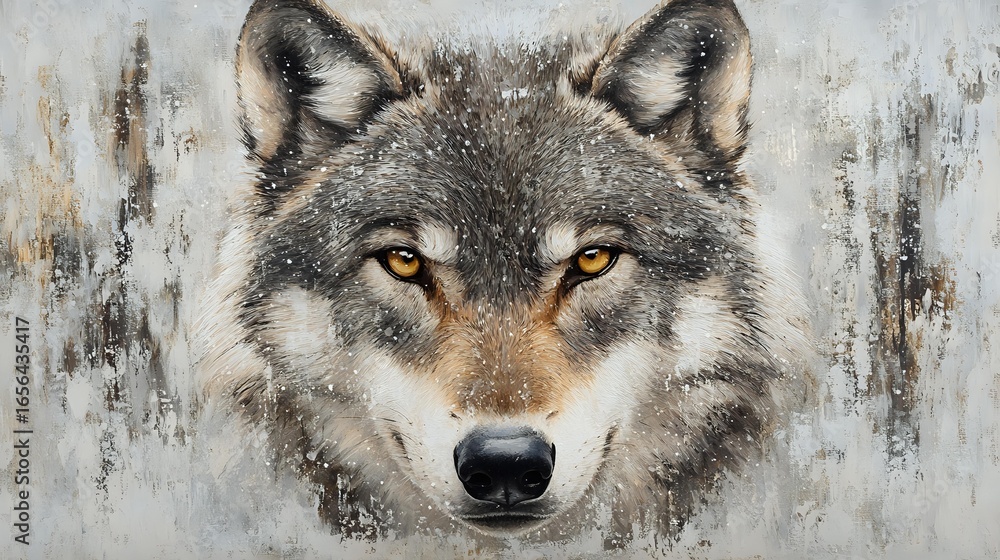 Obraz premium Gray wolf portrait with intense amber eyes against textured abstract background, close up view of wild predator face showing detailed fur and distinctive features.
