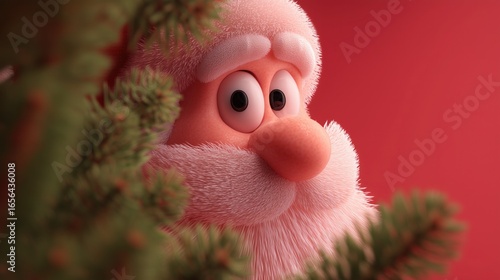 Cartoon Santa Claus face with furry texture, big eyes peeking through pine branches against red background, festive Christmas holiday decoration in close-up view.