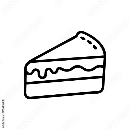 Black and white drawing of a slice of cake with icing decoration