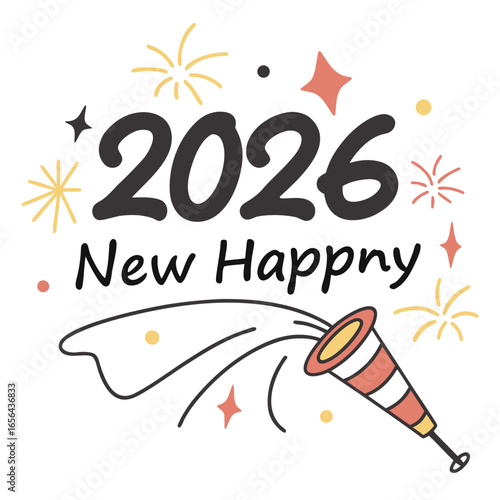 Happy new year 2026 celebration with confetti popper and fireworks