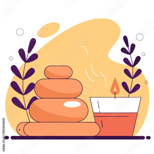 Minimalist flat illustration of spa scene with stacked stones, lavender leaves, and soft water ripples