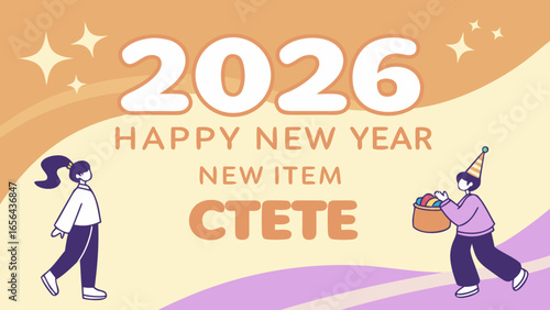 Happy new year 2026 with festive characters and sparkling stars