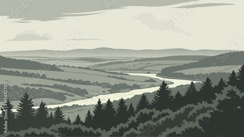 Serene river winding through rolling hills and forests