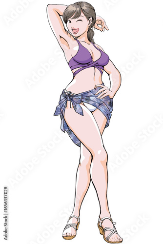 セクシーなポーズを決める水着姿の若い女性_全身サンダルパレオ.eps