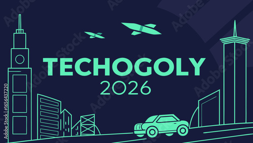 Tech city skyline with rockets and futuristic car