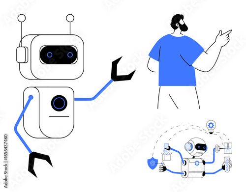 Robot with antennas and mechanical arms gestures toward a man in blue, below engages in multitasking activities. Ideal for technology, innovation, automation, AI, machine learning, robotics